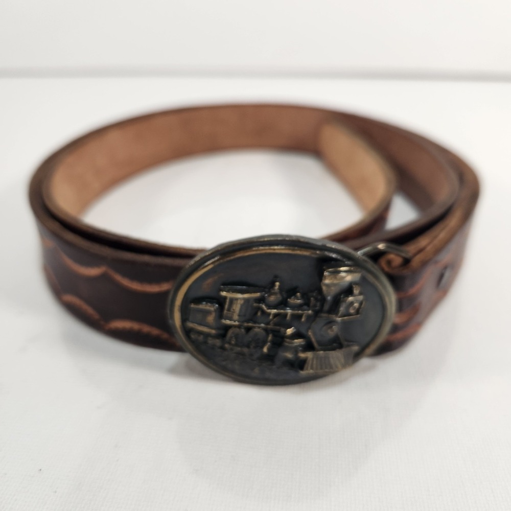 Vintage 19844 Bergamont Leather Belt With Brass Train Buckle